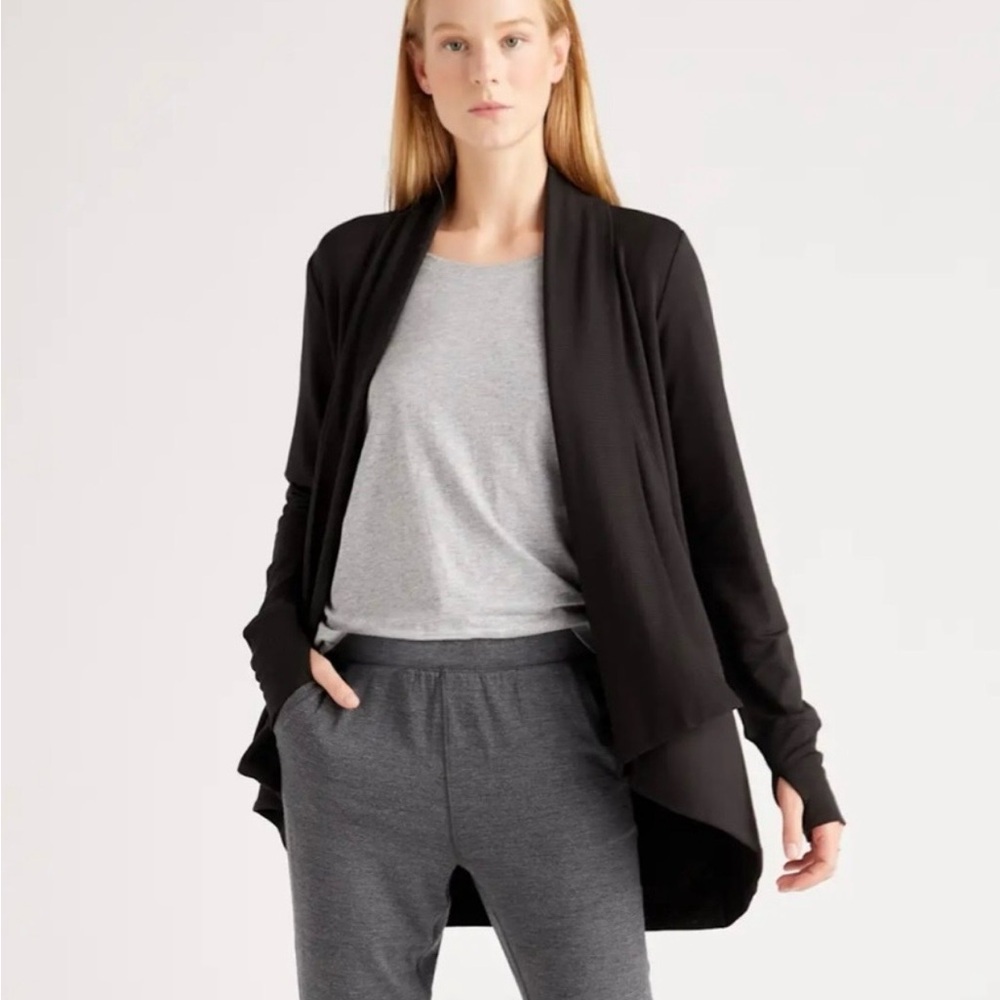 Quince French Terry Modal Cardigan Thumbholes Super Soft Lounge Small Black Open